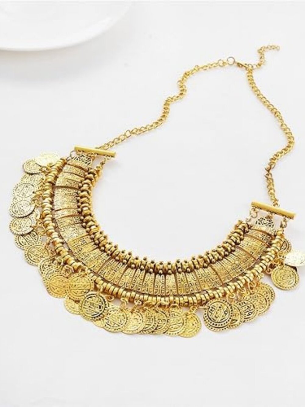 Vintage Engraved Coin Bib Necklace Statement Clavicle Necklace Gold Tone